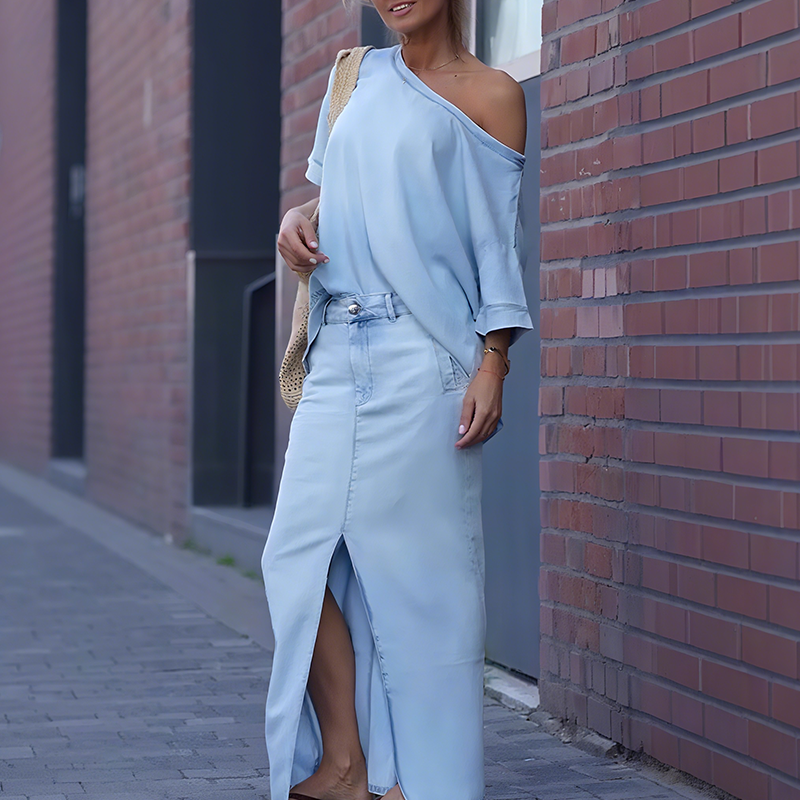 Talia | Asymmetric Shoulder Top & Split Denim Skirt Set