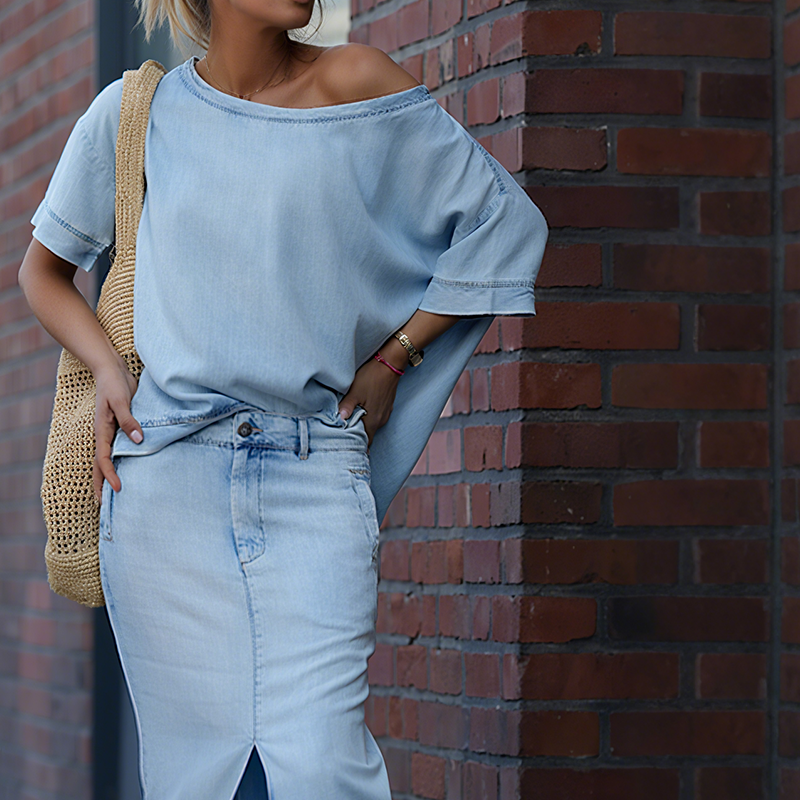 Talia | Asymmetric Shoulder Top & Split Denim Skirt Set