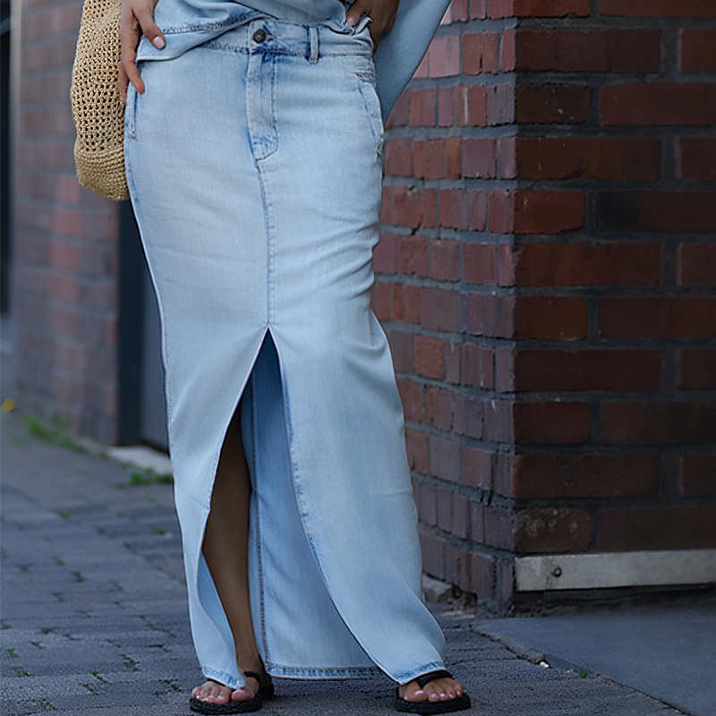 Talia | Asymmetric Shoulder Top & Split Denim Skirt Set