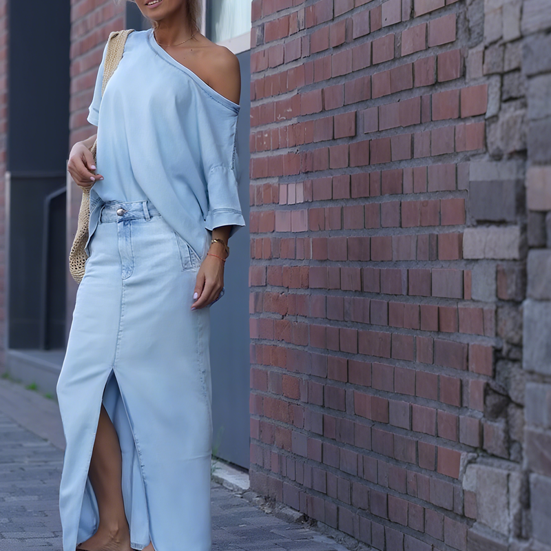 Talia | Asymmetric Shoulder Top & Split Denim Skirt Set