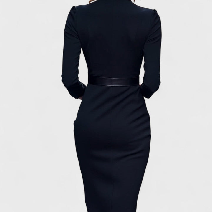Talia | Elegant Black Dress with Belt and Collar