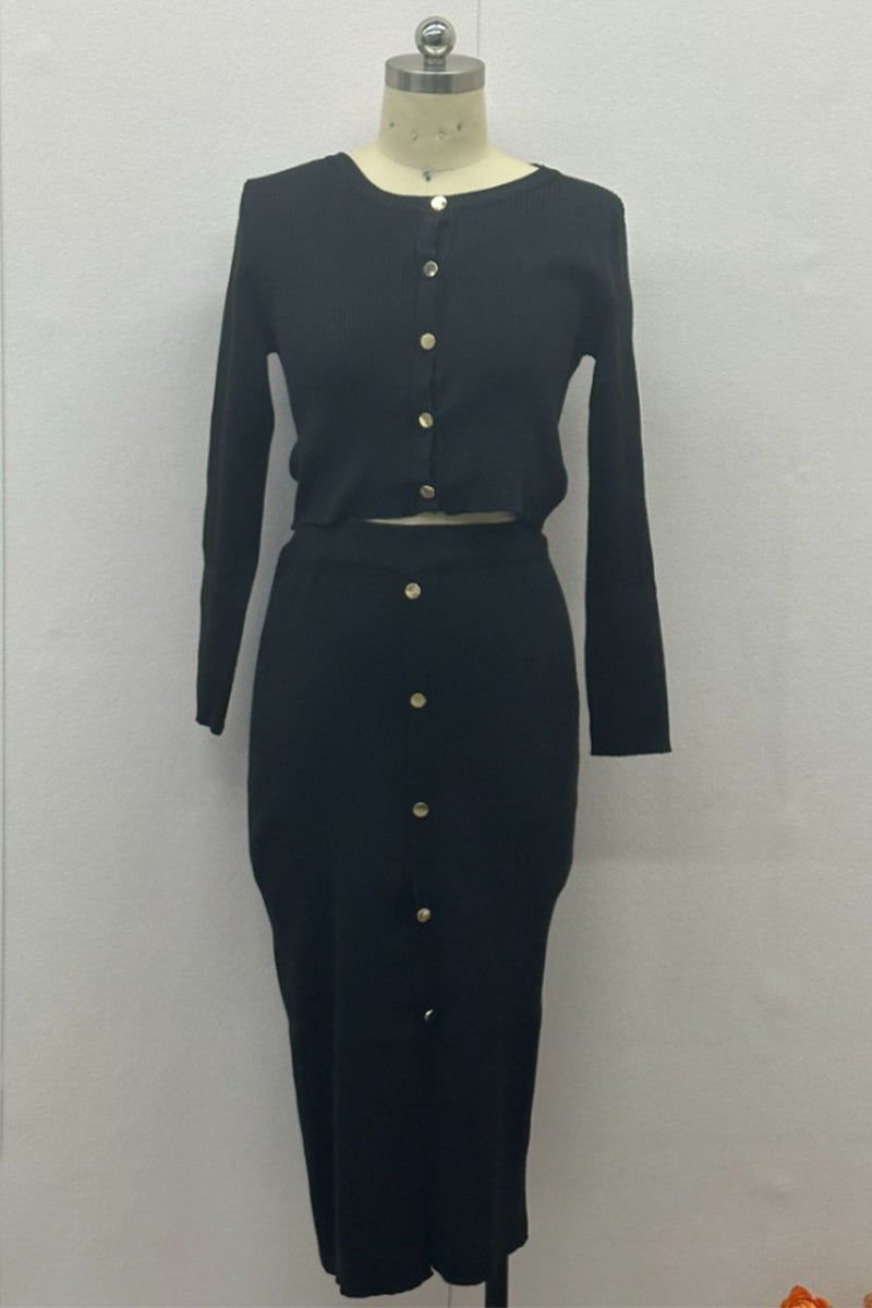 Talia | Daily Elegant Buckle O-Neck Long Sleeve Two-Piece Set