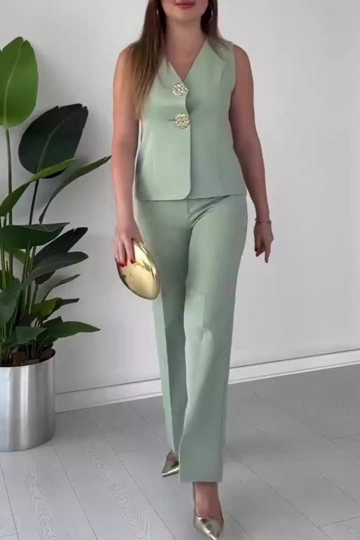 Talia | Elegant Solid Color Patchwork V-Neck Two-Piece Set