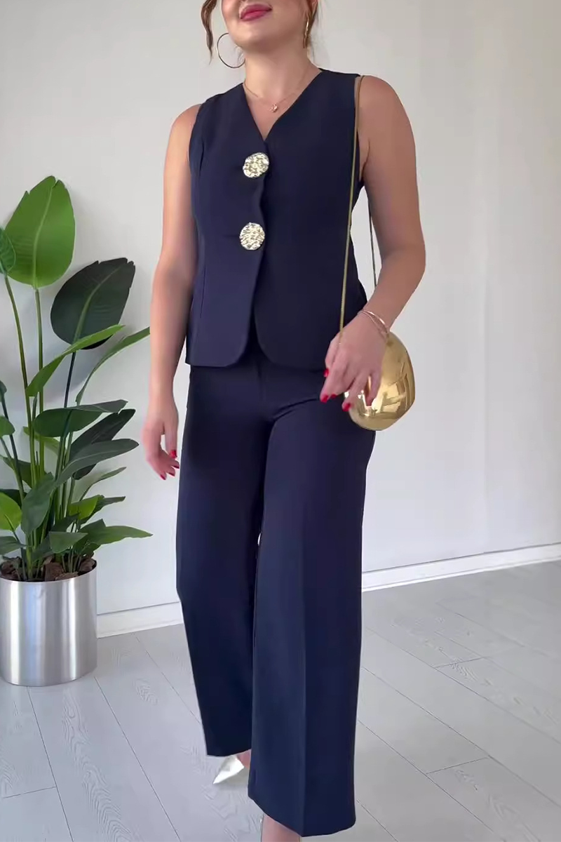 Talia | Elegant Solid Color Patchwork V-Neck Two-Piece Set