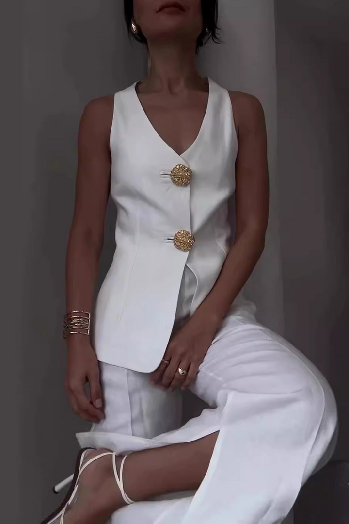 Talia | Elegant Solid Color Patchwork V-Neck Two-Piece Set