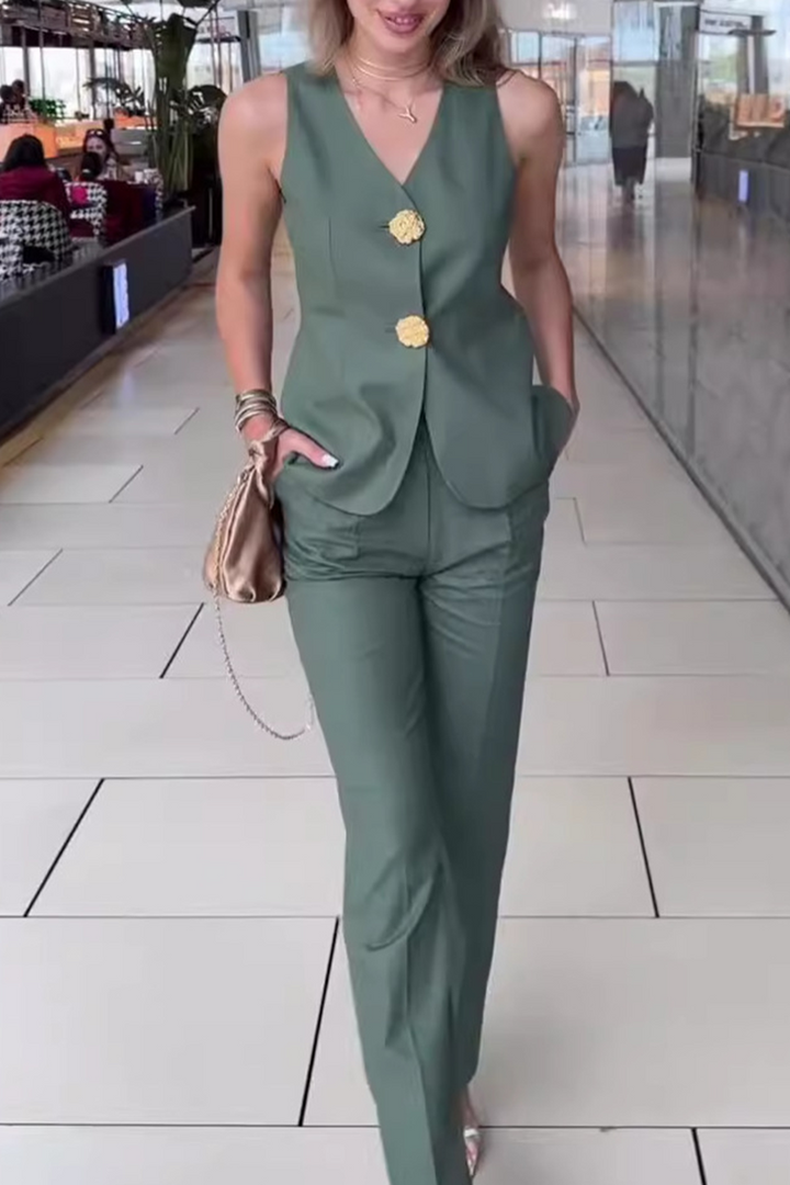 Talia | Elegant Solid Color Patchwork V-Neck Two-Piece Set