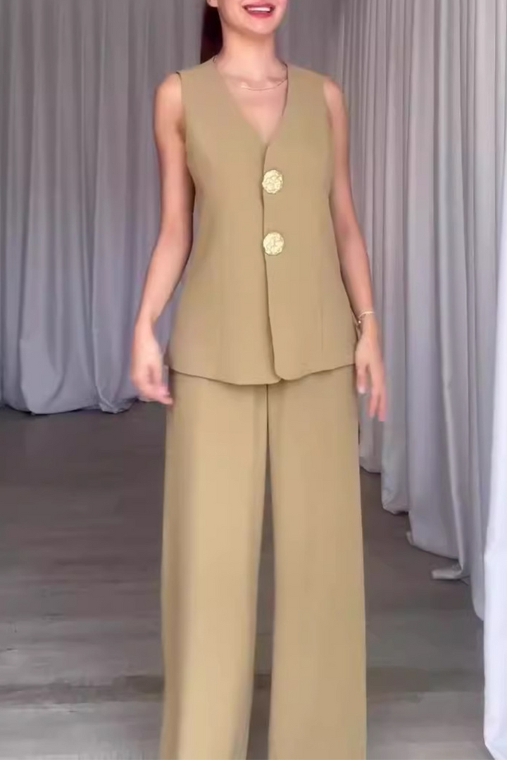 Talia | Elegant Solid Color Patchwork V-Neck Two-Piece Set