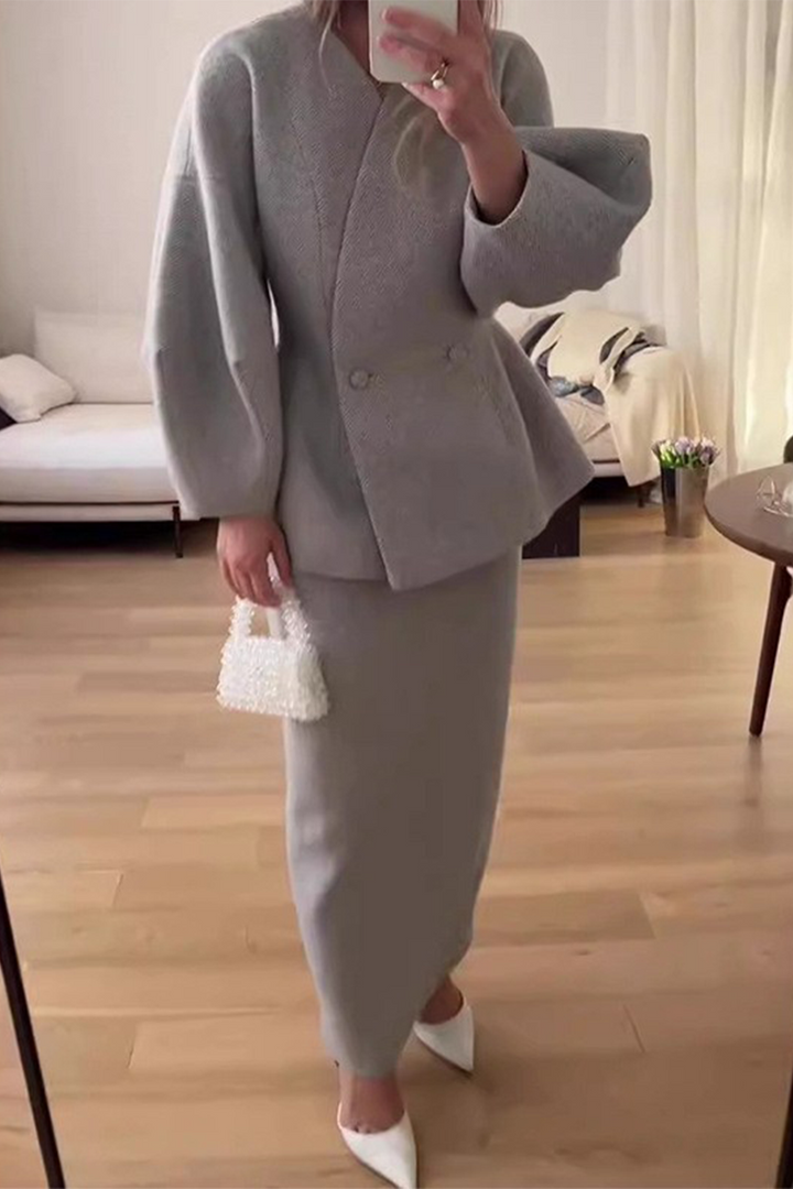 Talia | Elegant Buttons V-Neck Long Sleeve Two-Piece Set