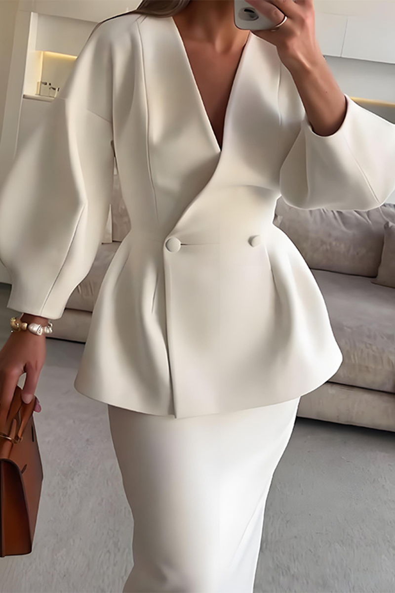 Talia | Elegant Buttons V-Neck Long Sleeve Two-Piece Set
