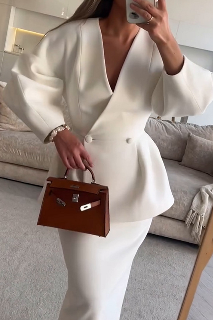 Talia | Elegant Buttons V-Neck Long Sleeve Two-Piece Set