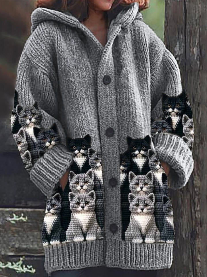 Talia | Cozy Knit Cat Print Cardigan