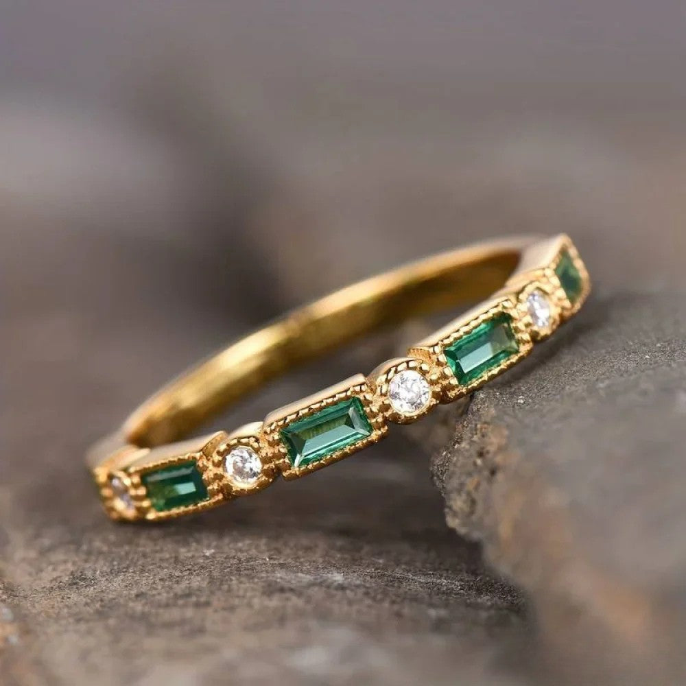 Talia | Retro Green Zirconia Gold Ring with Inlay