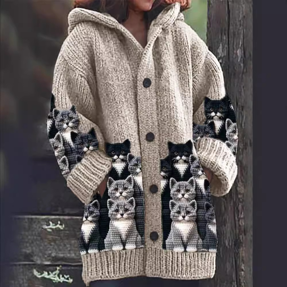 Talia | Cozy Knit Cat Print Cardigan