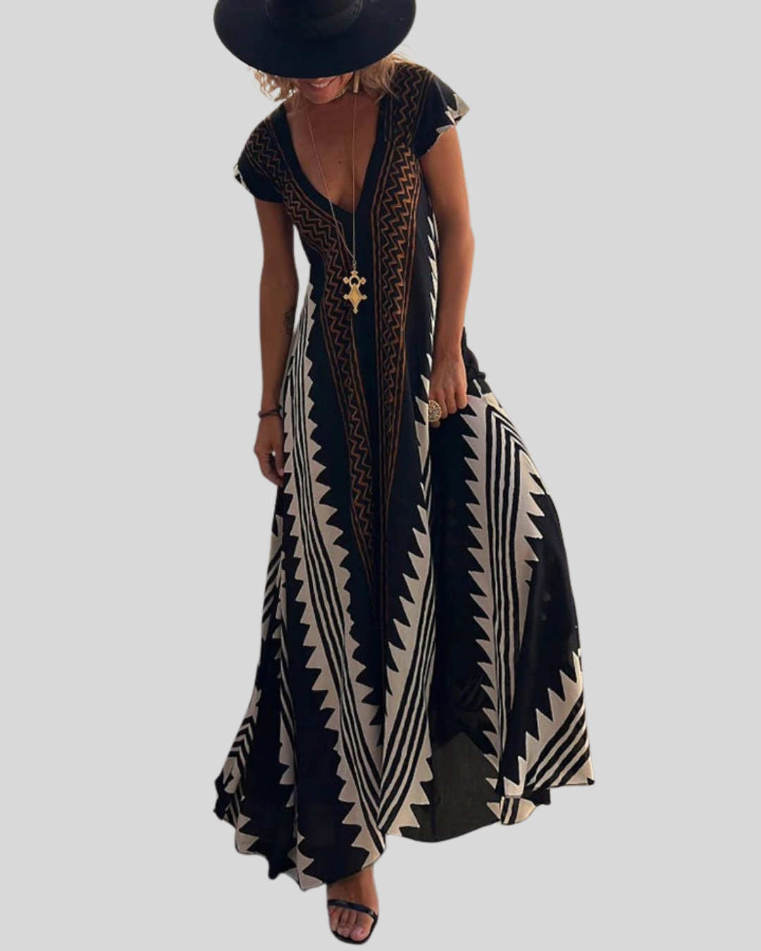 Talia | Ethnic Print V-Neck Maxi Dress