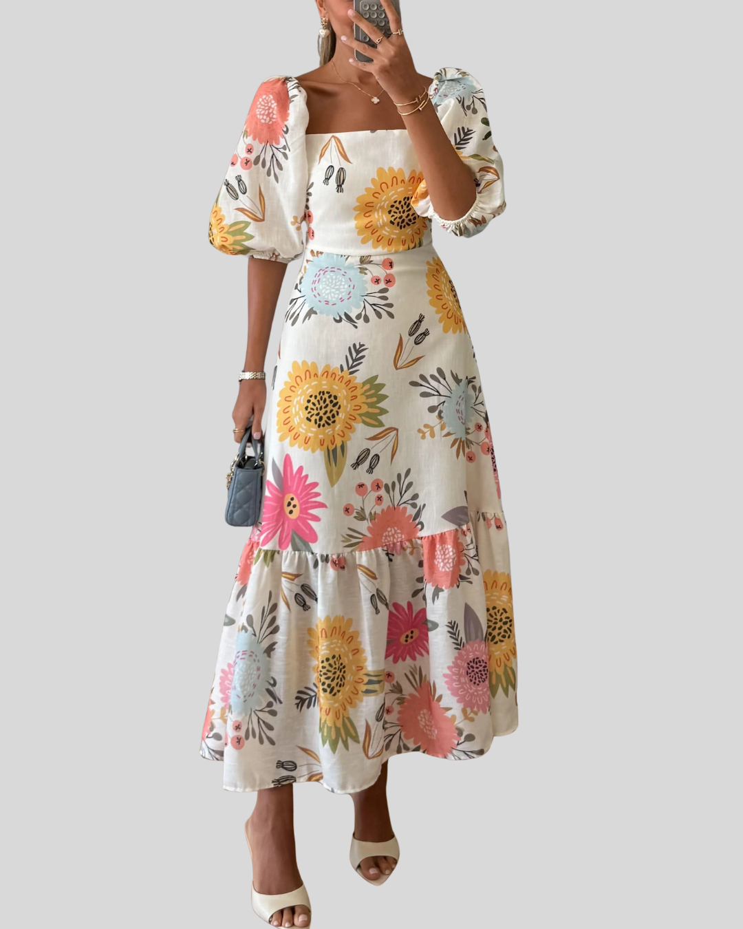 Talia | Puff Sleeve Floral Print Midi Dress
