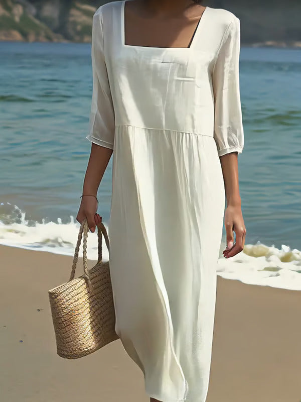 Talia | Square Neck Linen Midi Dress