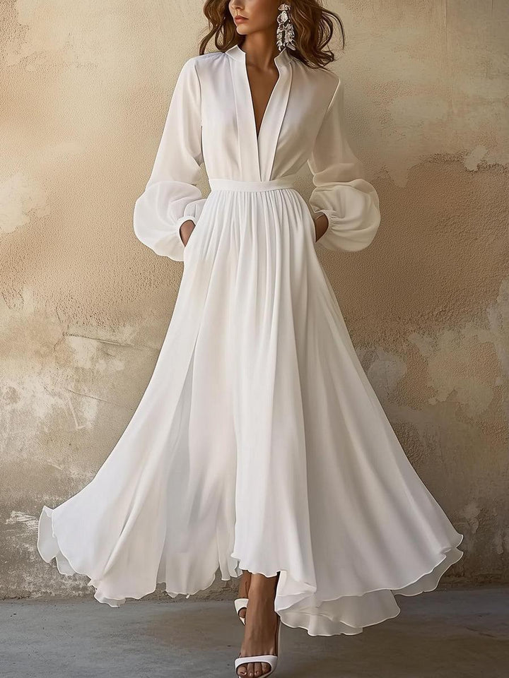 Talia | Vintage Plain White V-Neck Maxi Dress