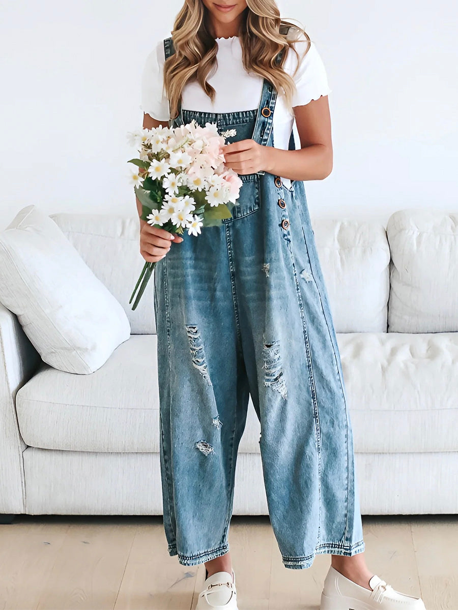 Talia | Loose Fit Denim Dungarees in Distressed Look