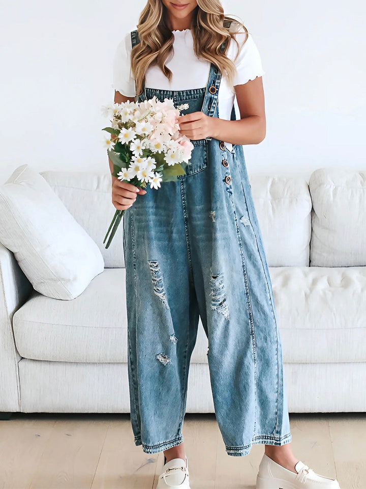 Talia | Loose Fit Denim Dungarees in Distressed Look