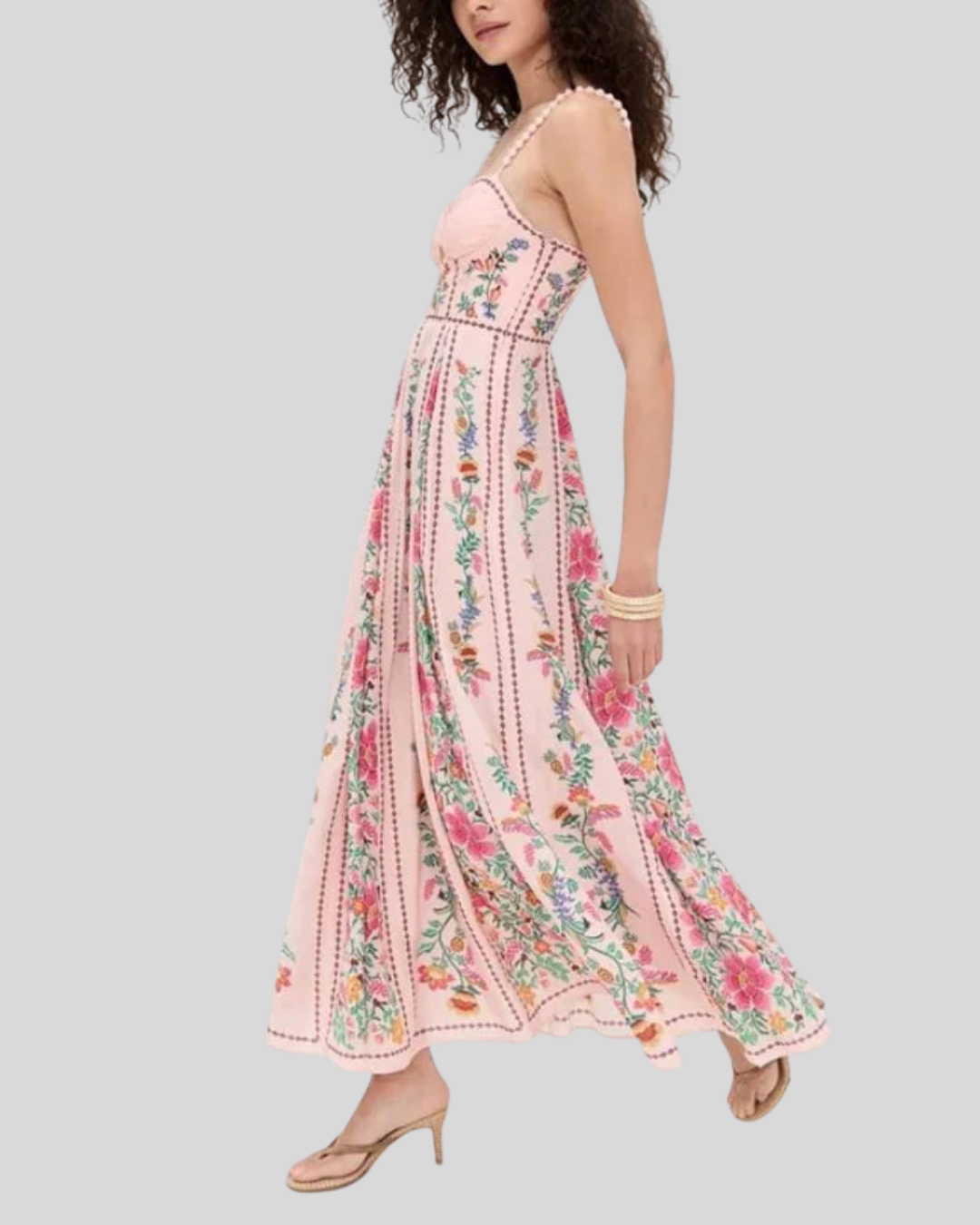 Talia | Beaded Strap Forest Print Maxi Dress