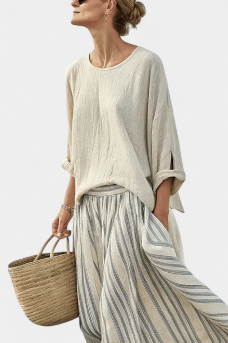 Talia | Comfortable Loose Blouse & Striped Midi Skirt