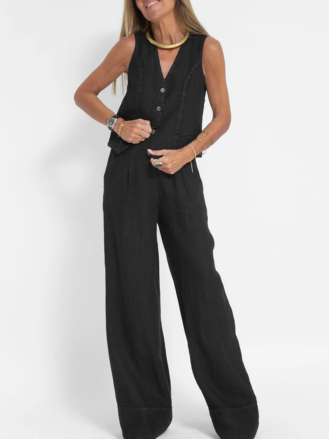 Talia | Buttoned Vest & Wide-Leg Trousers Set