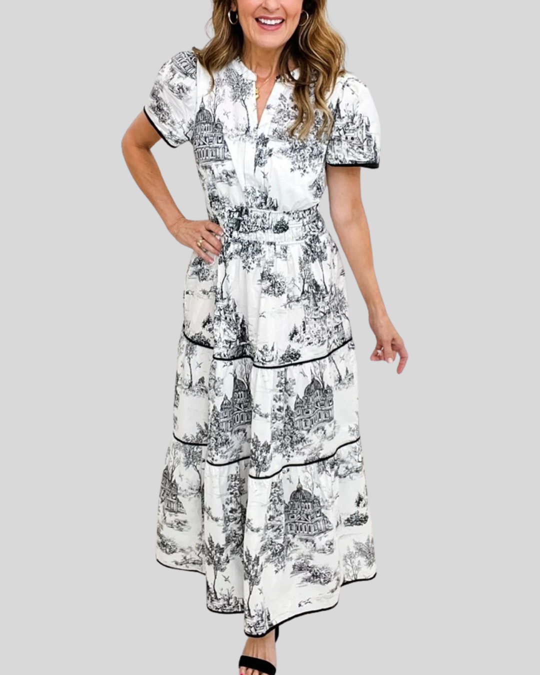 Talia | Classic Toile V-Neck Maxi Dress