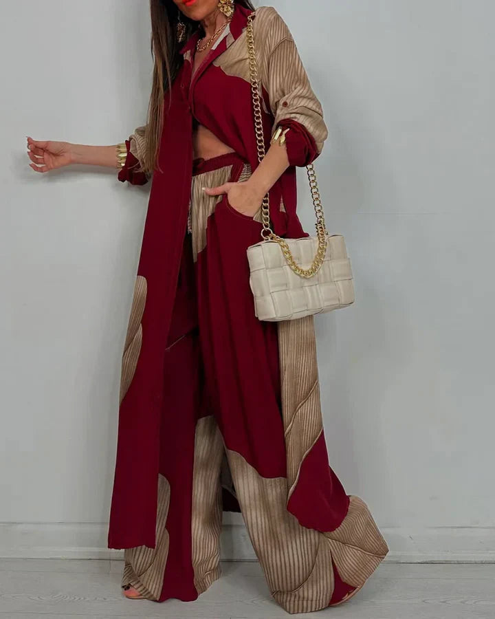Talia | Trendy Patchwork Printed Top & Wide Leg Pants Set