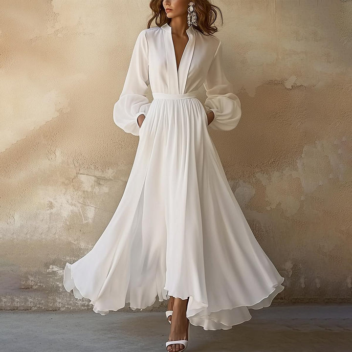 Talia | Vintage Plain White V-Neck Maxi Dress