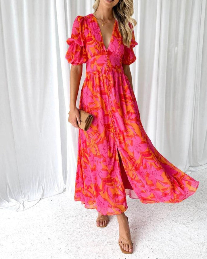 Talia | Elegant V-neck Puff Sleeve Maxi Dress
