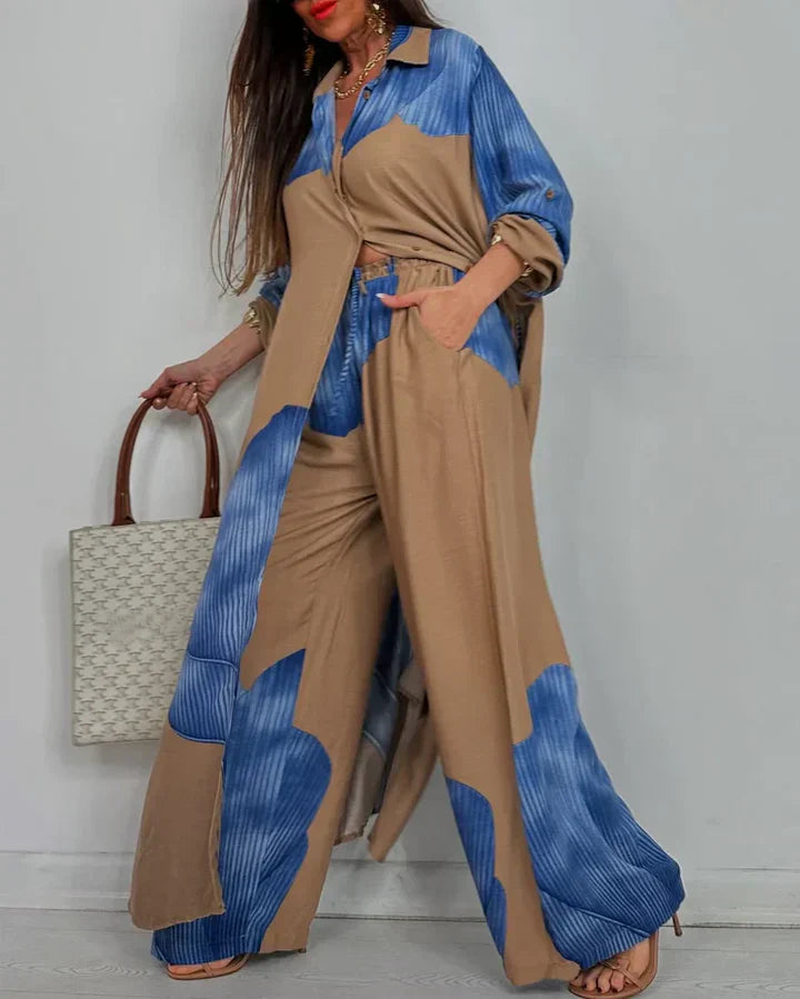 Talia | Trendy Patchwork Printed Top & Wide Leg Pants Set