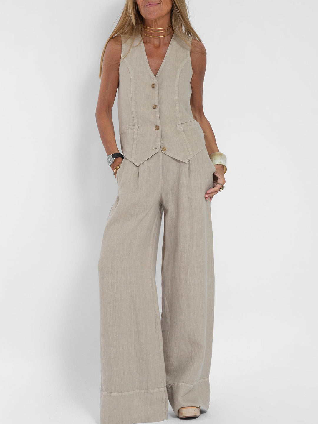 Talia | Buttoned Vest & Wide-Leg Trousers Set