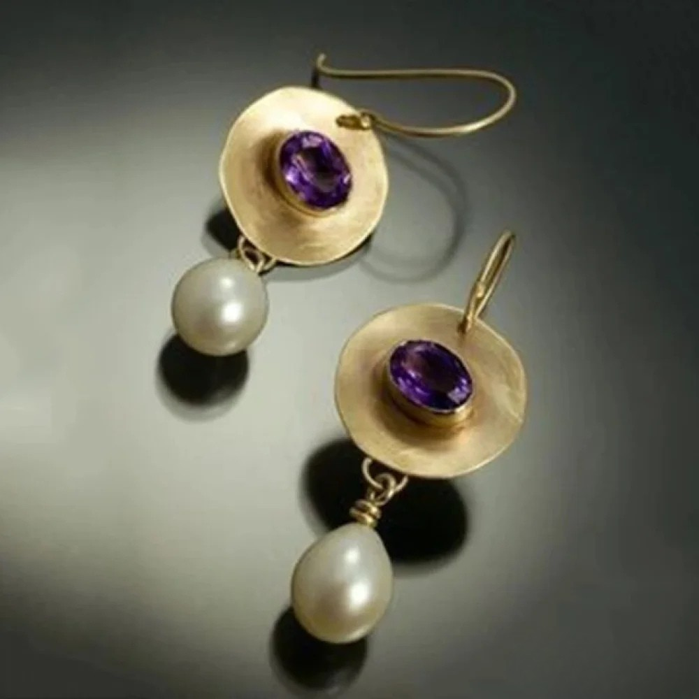 Talia | Vintage Gold Earrings with Purple Zirconia and Pearls