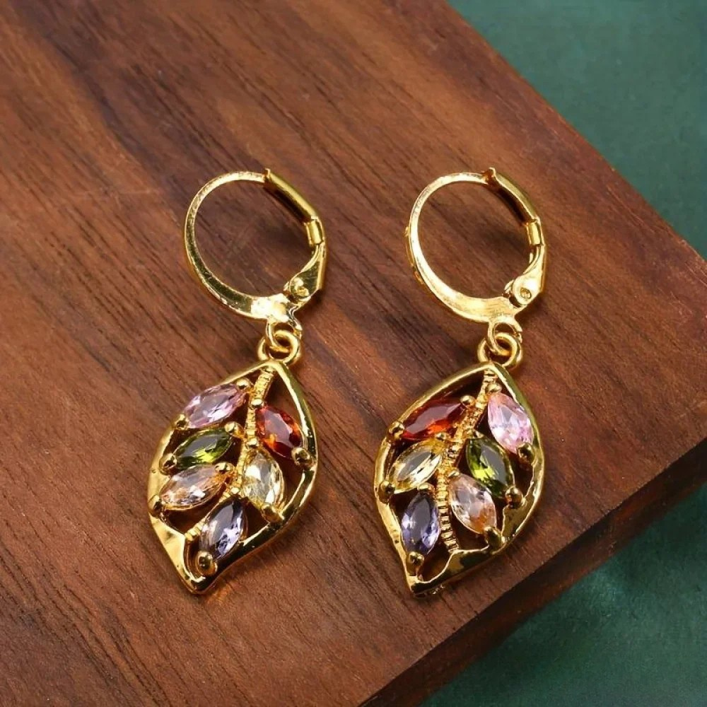 Talia | Vintage Golden Leaf Earrings with Colorful Zirconia