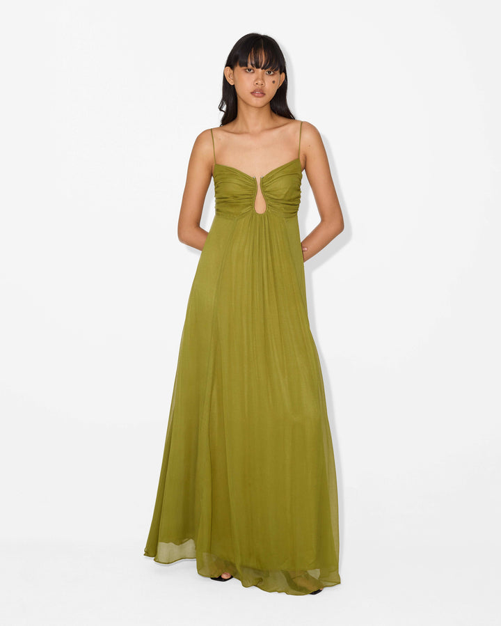 Talia | Sun-Washed Olive Ruched Maxi Dress