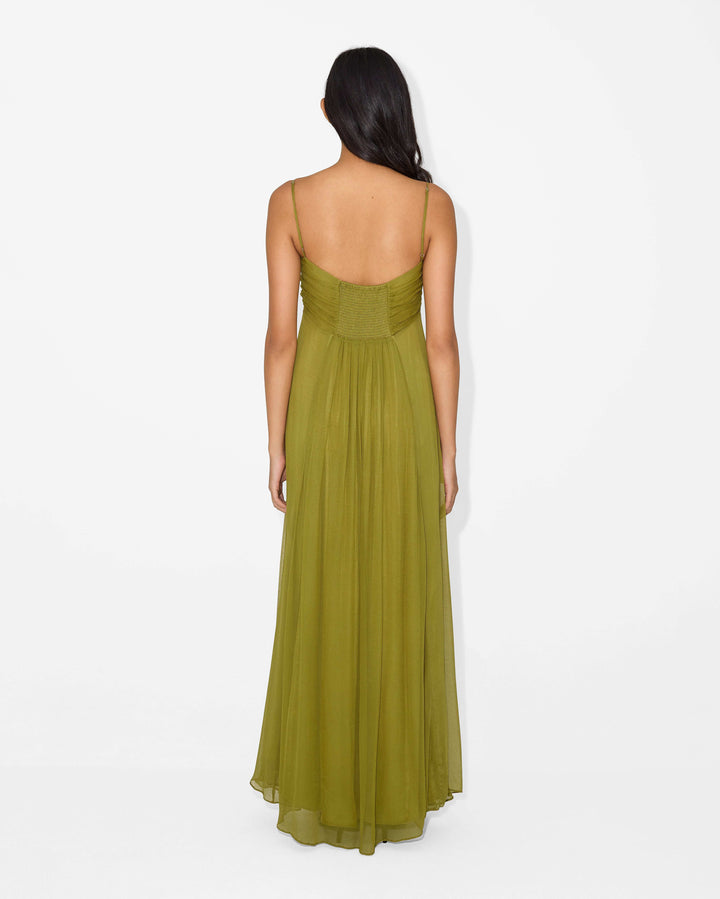 Talia | Sun-Washed Olive Ruched Maxi Dress