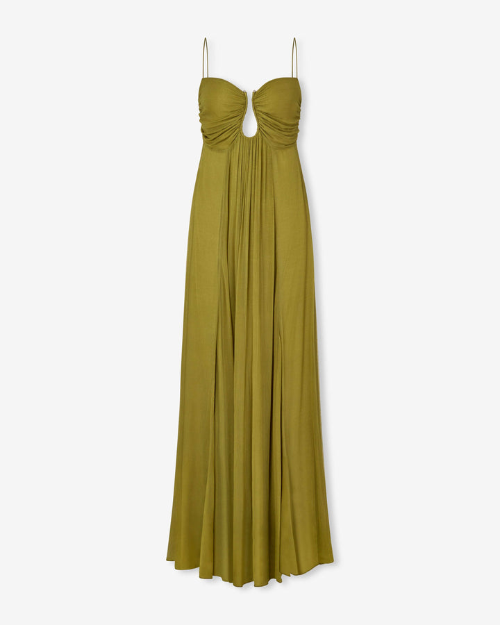 Talia | Sun-Washed Olive Ruched Maxi Dress