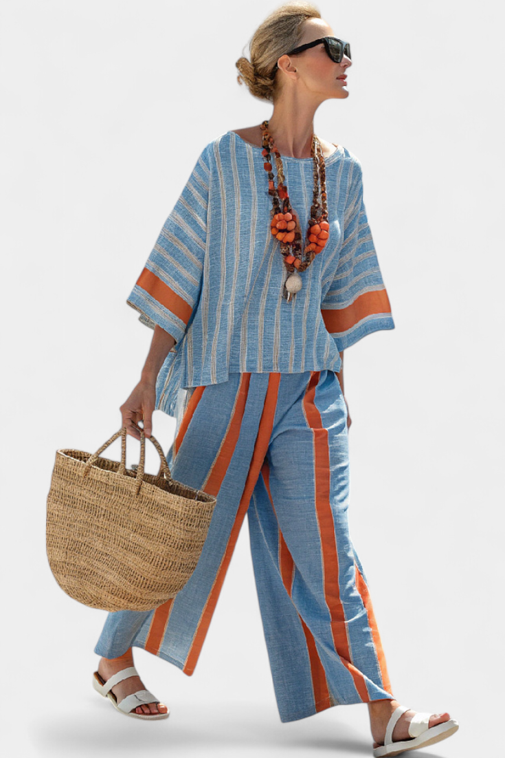 Talia | Sophisticated Terracotta Striped Top & Linen Pants