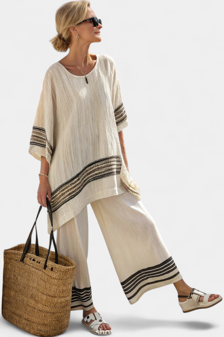 Talia | Elegant Black-Striped Linen Top & Flowing Pants