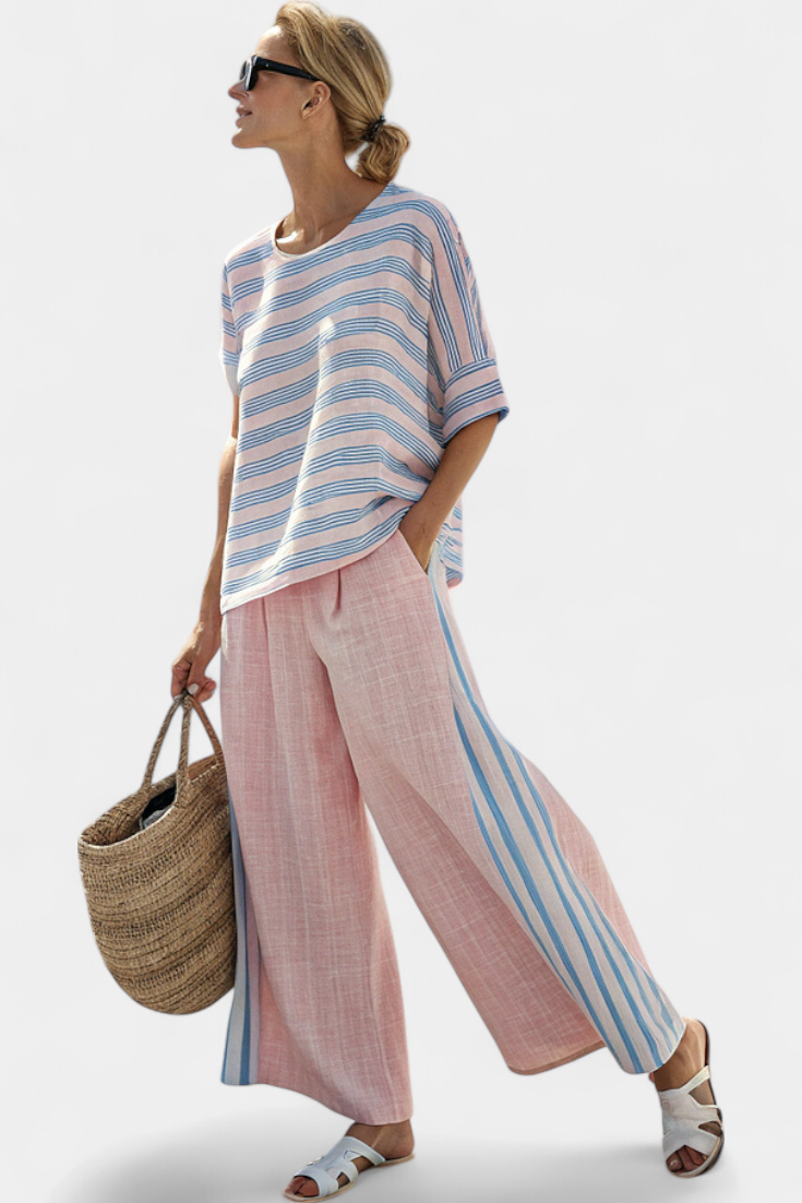 Talia | Elegant Pink-Blue Linen Blouse & Soft Pants