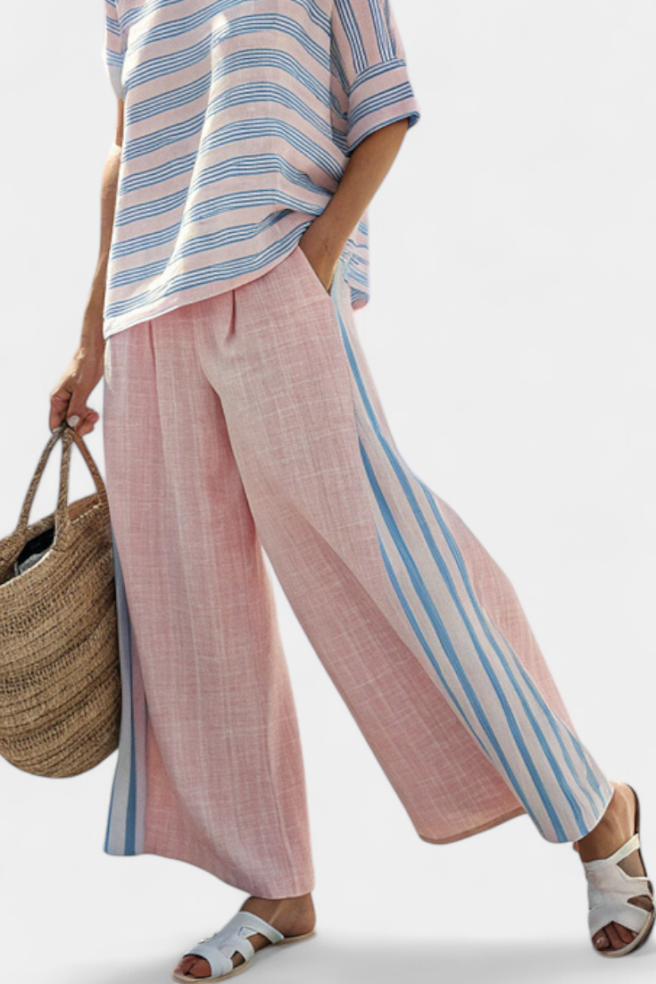 Talia | Elegant Pink-Blue Linen Blouse & Soft Pants