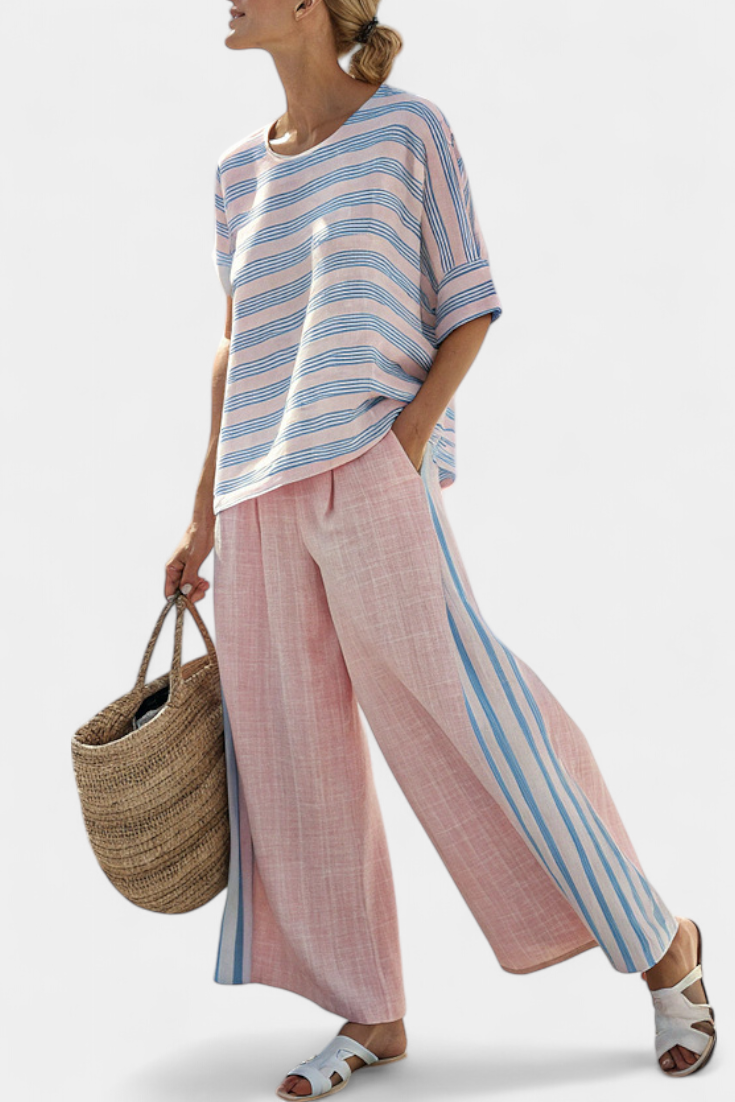 Talia | Elegant Pink-Blue Linen Blouse & Soft Pants