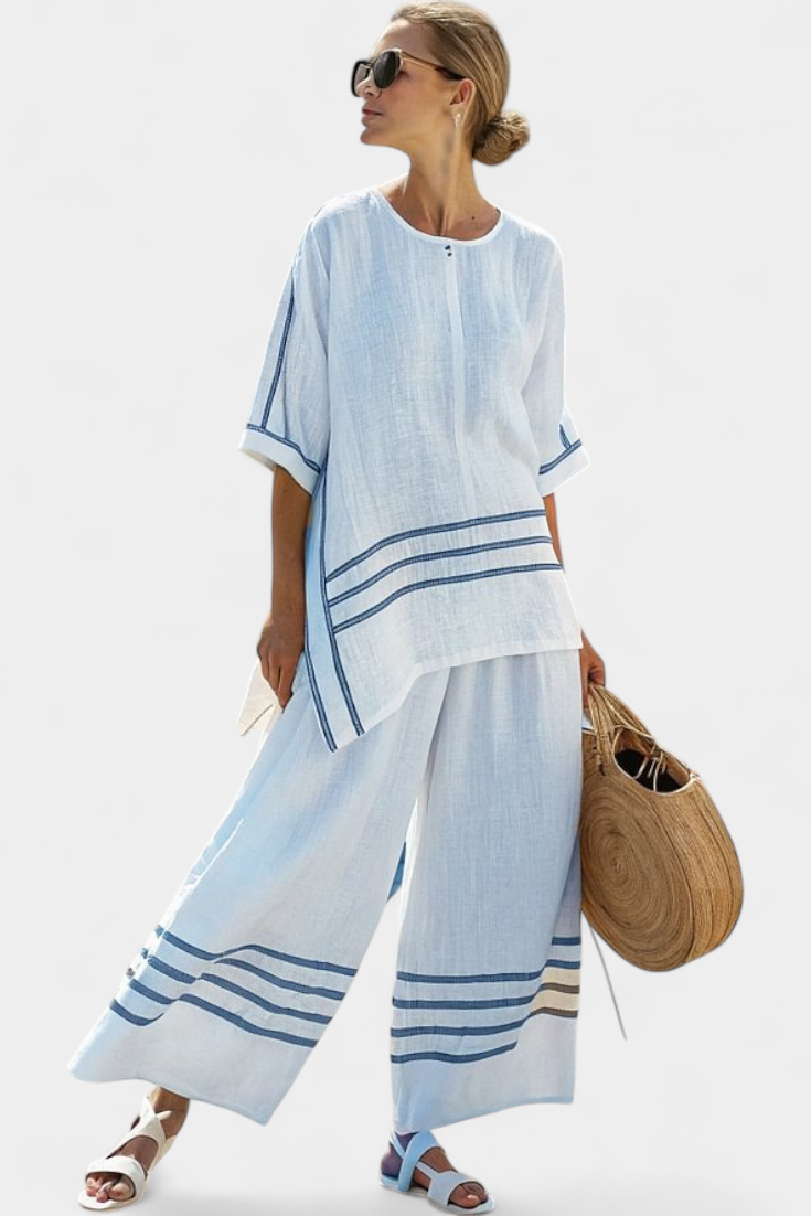 Talia | Sophisticated Striped Asymmetrical Top & Bold Pants