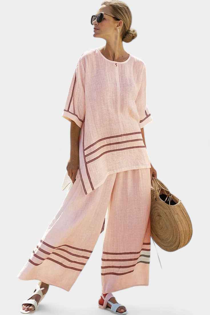 Talia | Sophisticated Striped Asymmetrical Top & Bold Pants