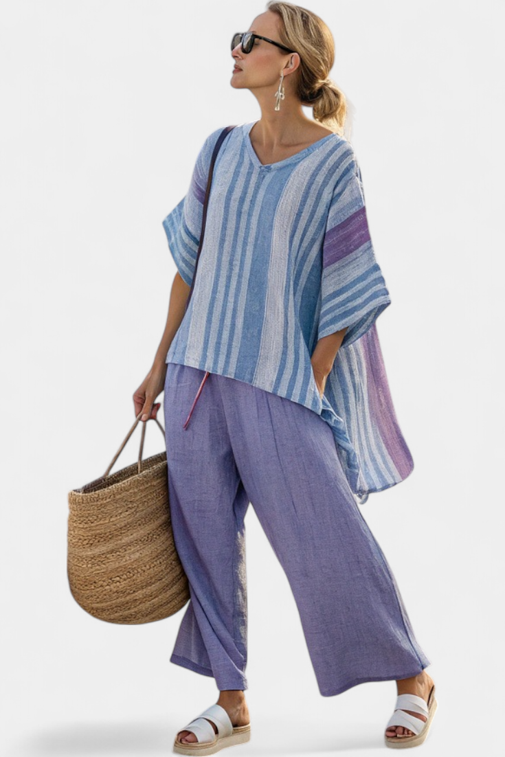 Talia | Elegant Lavender & Sky Blue Top & Linen Pants