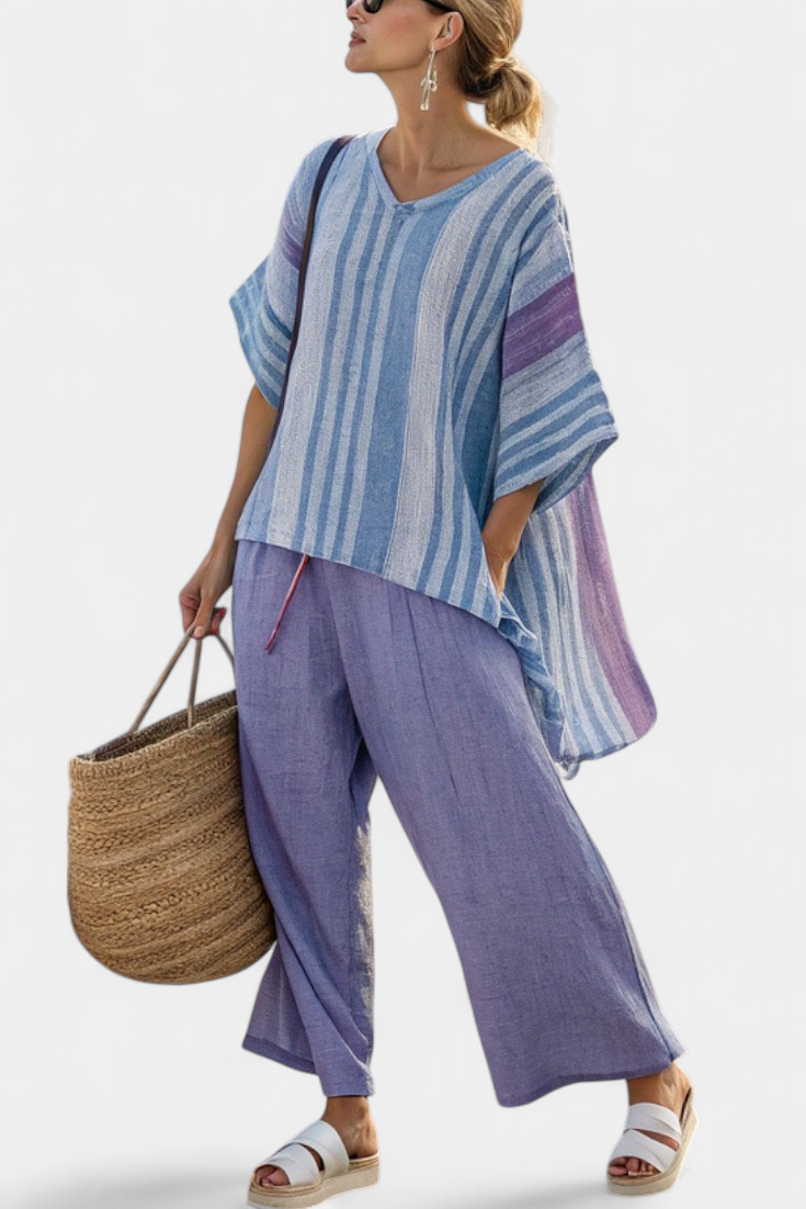 Talia | Elegant Lavender & Sky Blue Top & Linen Pants
