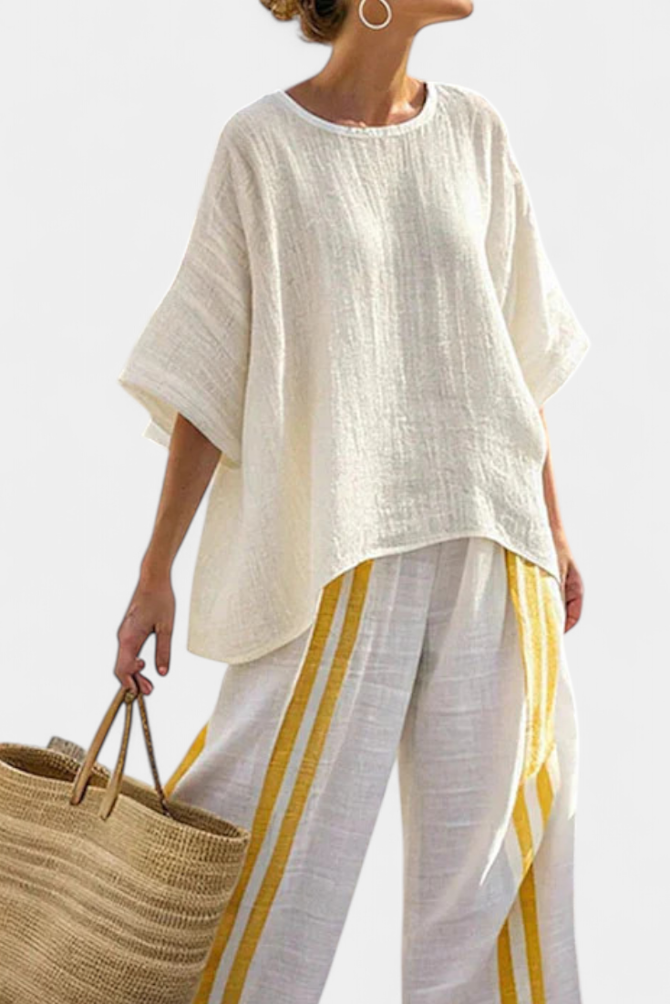 Talia | Elegant Yellow Striped Linen Top & Wide-Leg Pants