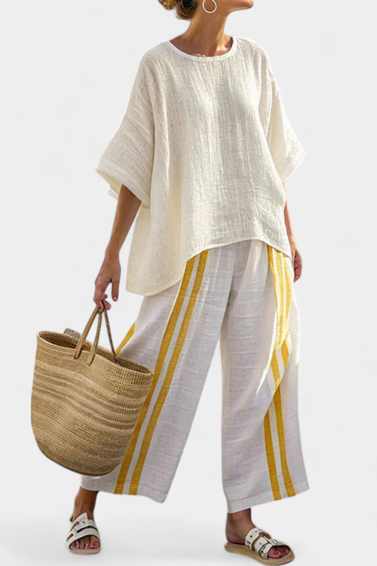 Talia | Elegant Yellow Striped Linen Top & Wide-Leg Pants