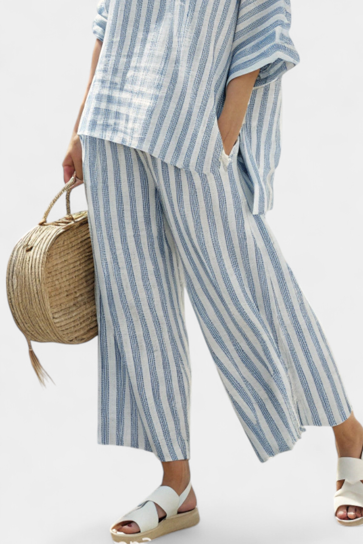 Talia | Sophisticated Blue Striped Linen Top & Relaxed Pants