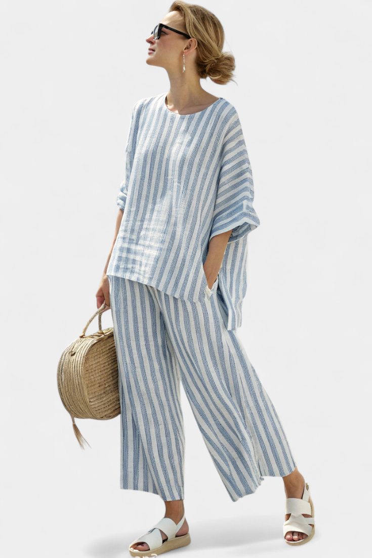 Talia | Sophisticated Blue Striped Linen Top & Relaxed Pants